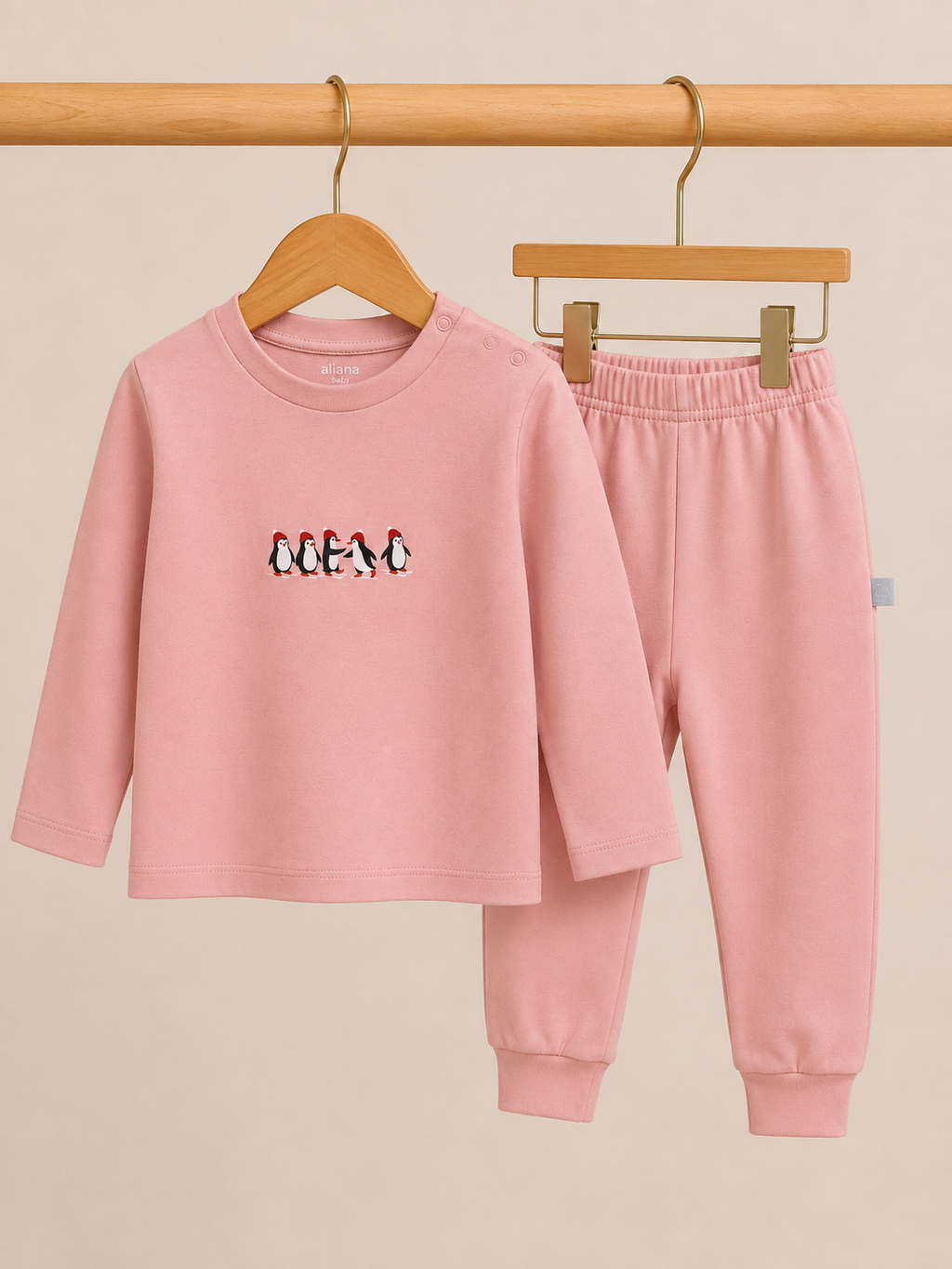 Mini Penguin - Powder Pink - %100 Organik Pamuk Alt-Üst Takım