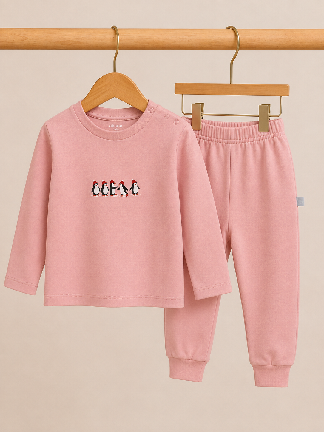 Mini Penguin - Powder Pink - %100 Organik Pamuk Alt-Üst Takım