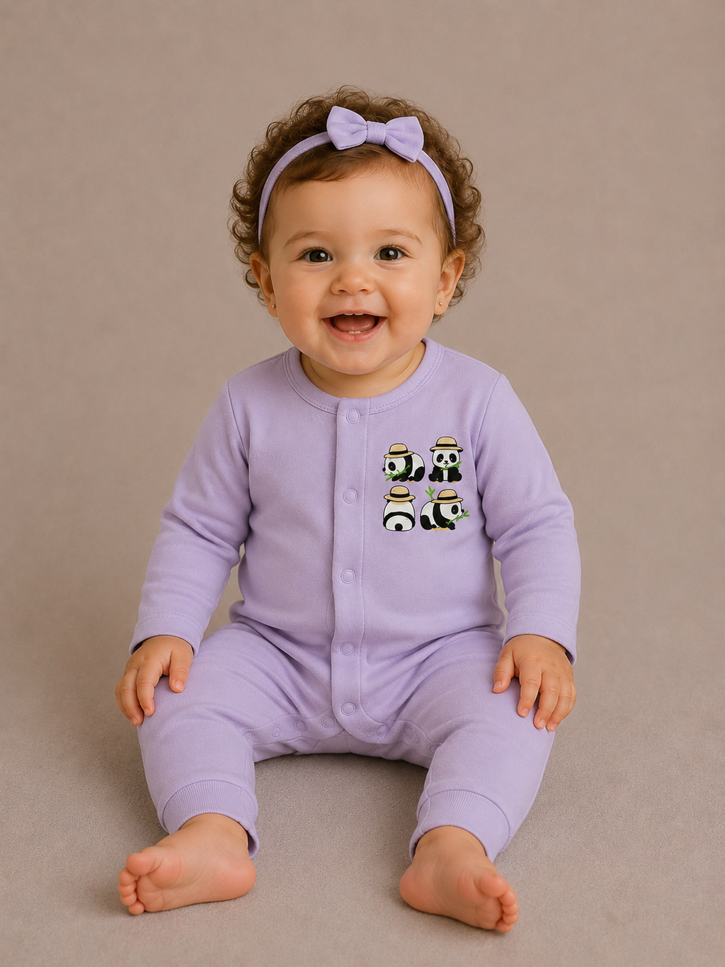 Panda Safari - Soft Lilac - %100 Organik Pamuk Çıtçıtlı Bebek Tulumu