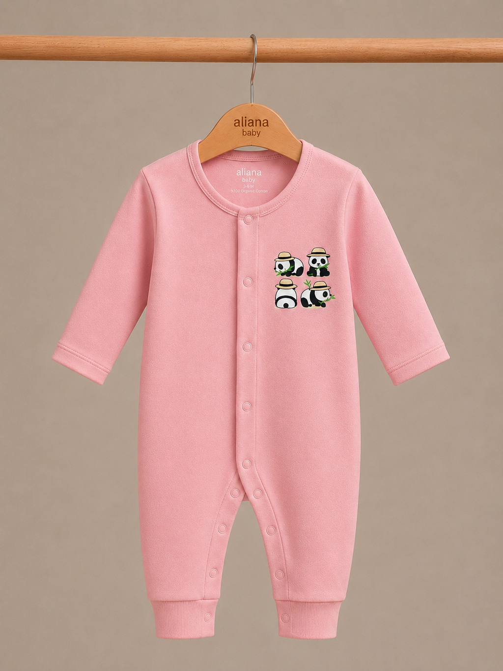Panda Safari - Powder Pink - %100 Organik Pamuk Çıtçıtlı Bebek Tulumu