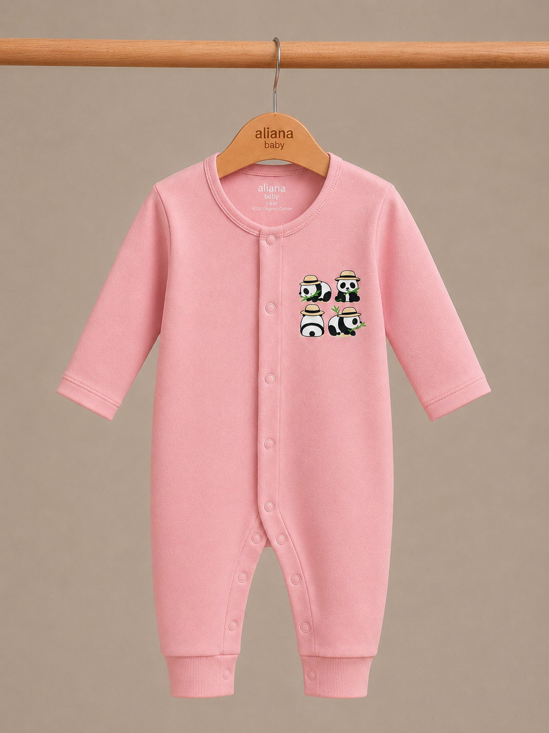 Panda Safari - Powder Pink - %100 Organik Pamuk Çıtçıtlı Bebek Tulumu