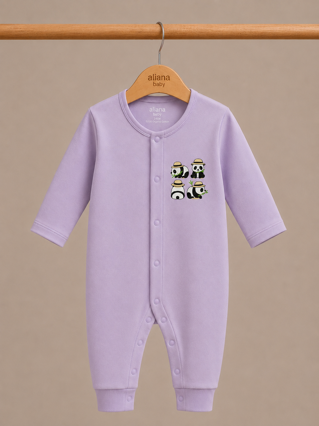 Panda Safari - Soft Lilac - %100 Organik Pamuk Çıtçıtlı Bebek Tulumu