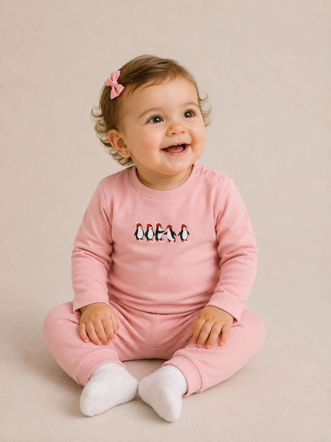 Mini Penguin - Powder Pink - %100 Organik Pamuk Alt-Üst Takım