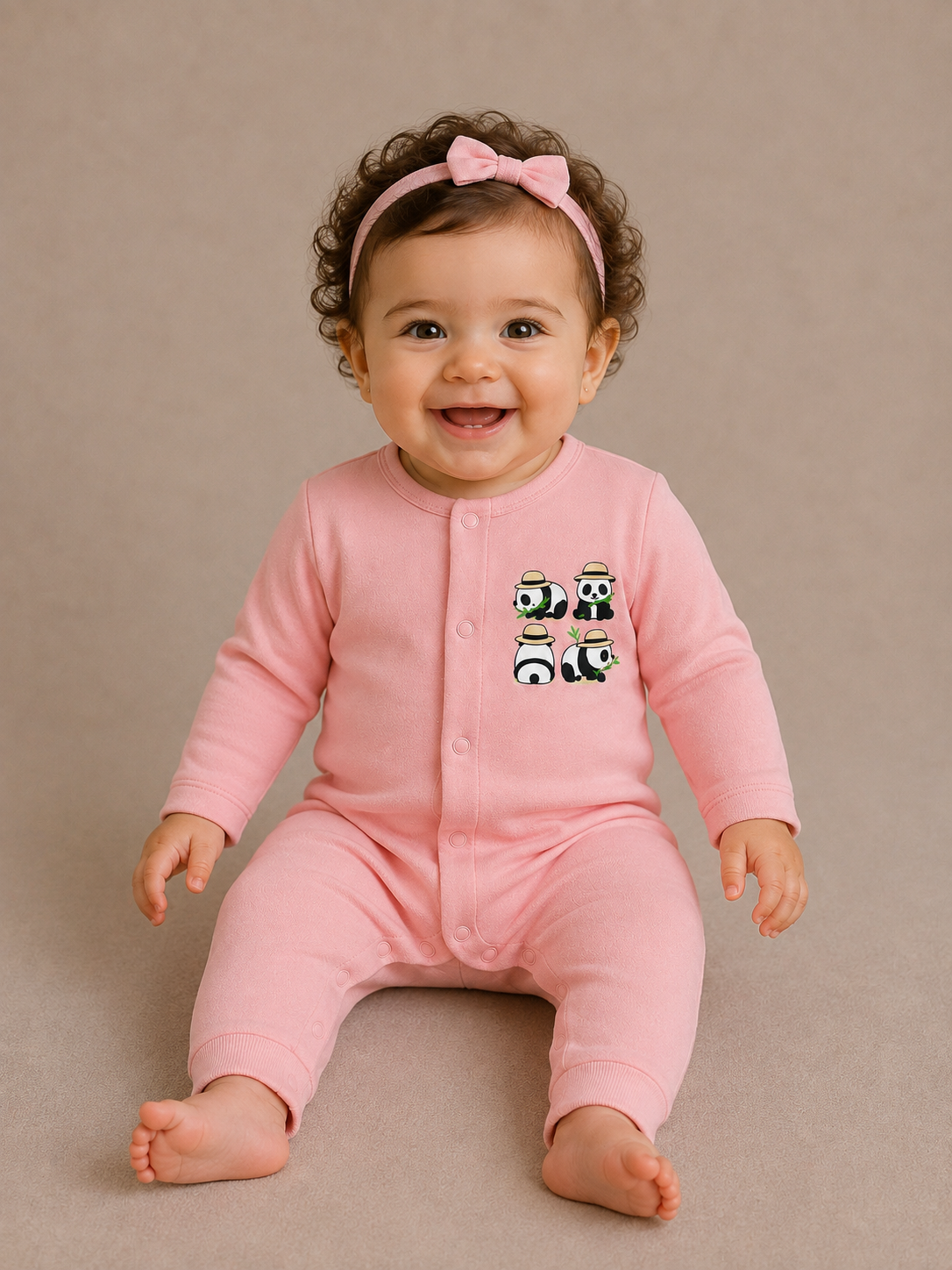 Panda Safari - Powder Pink - %100 Organik Pamuk Çıtçıtlı Bebek Tulumu
